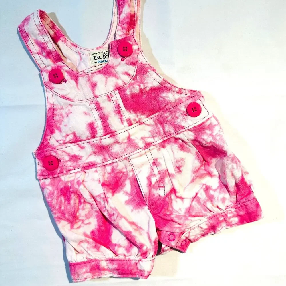TCP The Children's Place Vintage Remake Tie-Dye Overalls Shortall Romper Sz 0-3m